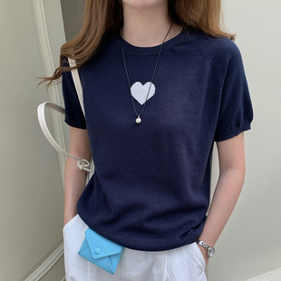 韩版爱心刺绣短袖T恤女纯棉宽松圆领针织上衣通勤穿搭
