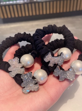 冰透闪亮渐变粉色蓝色水晶韩国狗造型弹力珍珠发圈金属小熊头绳