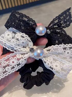 2025春夏新款黑色蕾丝蝴蝶结珍珠发圈韩国时髦甜美发绳头绳女