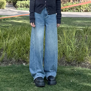 蓝色弯刀直筒牛仔裤女春季新款高腰宽松显瘦休闲百搭耐磨阔腿裤子