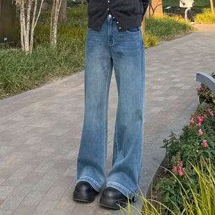 四面弹开衩牛仔微喇裤女春季新款显瘦宽松休闲蓝色直筒长裤小个子