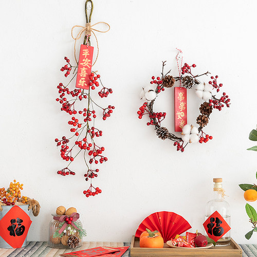 仿真红果子干花藤圈墙面挂件装饰