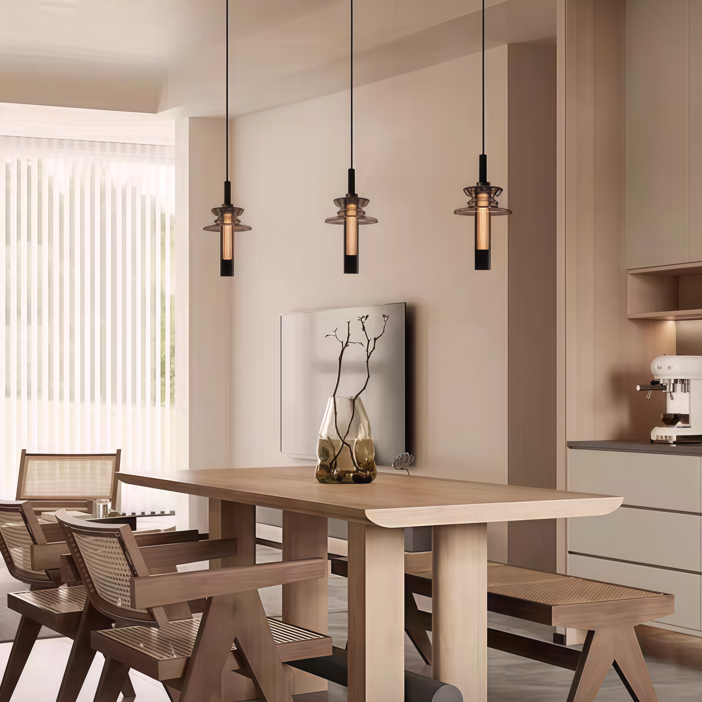 意式极简吊灯轻奢原木风格中国风茶韵吧台艺术玻璃悬浮升降吊灯