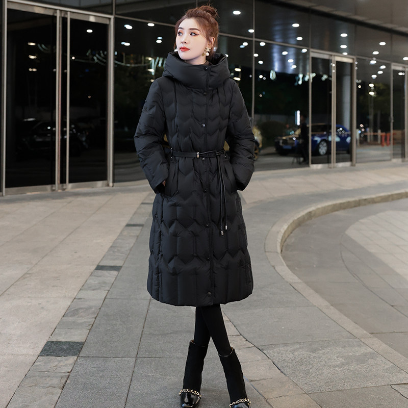 【断码清仓】2025年冬季新款连帽白鸭绒中长款黑色羽绒服收腰外套