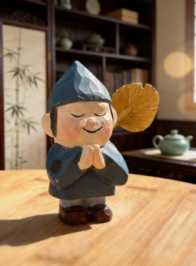 椴木彩绘济公木偶摆件创意手工木雕工艺品家居装饰桌面小摆件礼品