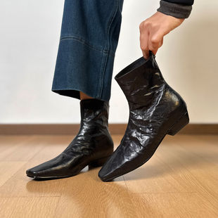 羊皮小短靴女2025秋冬加绒单靴真皮气质方头软底舒适低跟瘦瘦靴女