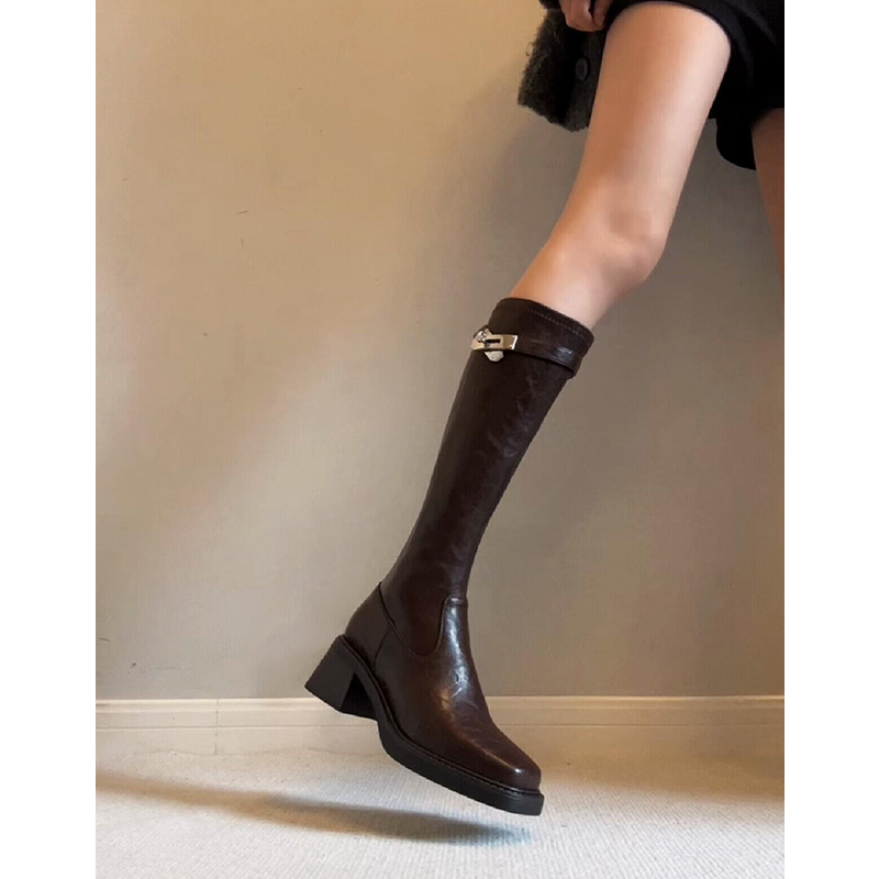 牛皮版英伦皮带扣粗跟骑士靴