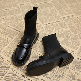 真皮弹力袜子靴女2025新款 瘦瘦炸街小短靴 春秋单靴连袜乐福小皮鞋