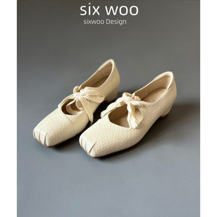 牛皮版~气质芭蕾风系带猪鼻子玛丽珍鞋女方头浅口内增高通勤单鞋