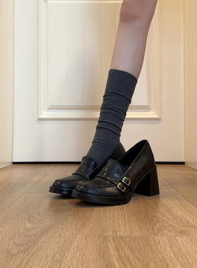 Dangle 双排扣圆头羊皮单鞋女粗跟7CM高跟鞋 小皮鞋女百搭乐福鞋