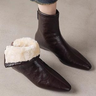 真皮~法式尖头内增高2cm低跟弹力瘦瘦靴女气质百搭后拉链加绒棉靴