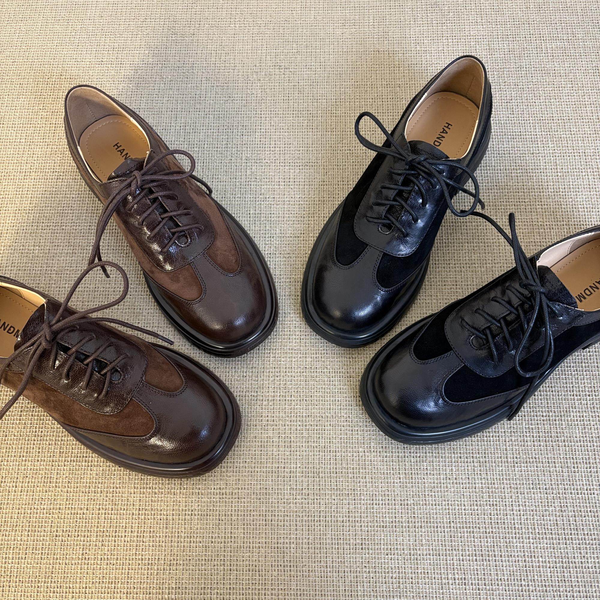 羊皮版~黑色圆头厚底高跟系带小皮鞋女时尚拼接通勤百搭舒适单鞋,女鞋,深口单鞋,淘宝优惠券,粉丝福利购,淘宝优惠卷