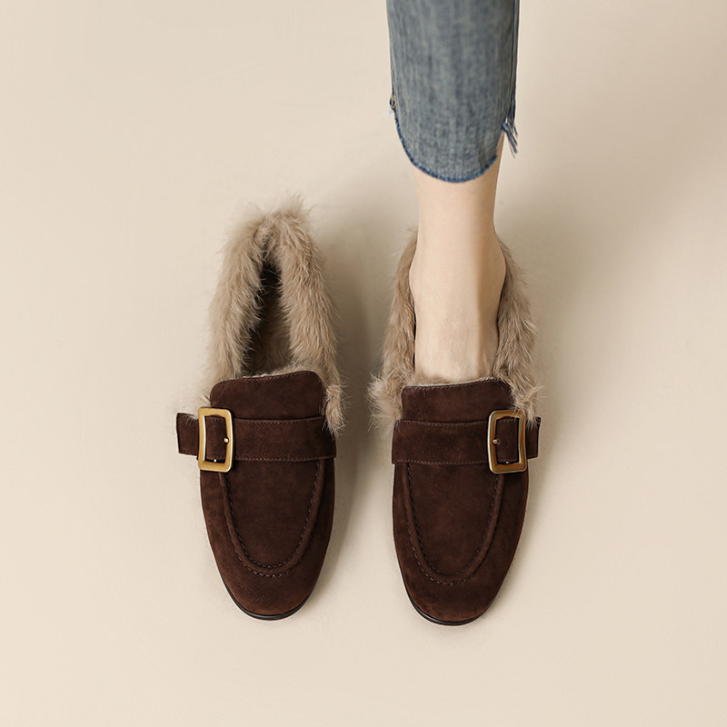 法式2025冬季新款复古圆头皮带扣平底真皮兔毛毛鞋一脚蹬乐福鞋女,女鞋,乐福鞋（豆豆鞋）,淘宝优惠券,粉丝福利购,淘宝优惠卷