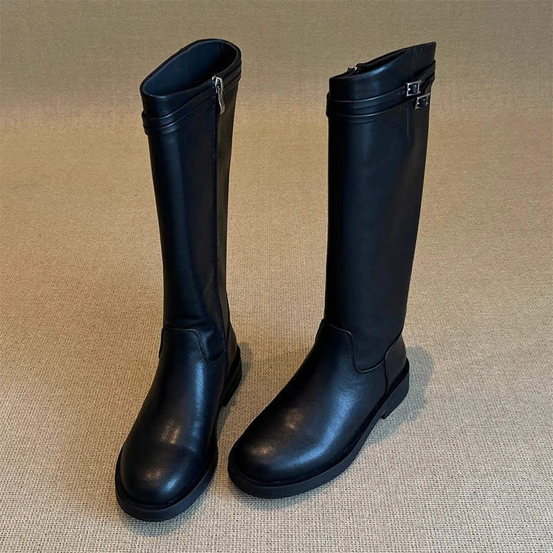 牛皮版~新款真皮粗跟高筒靴简约百搭大筒围长靴子四季款骑士靴,女鞋,骑士靴,淘宝优惠券,粉丝福利购,淘宝优惠卷