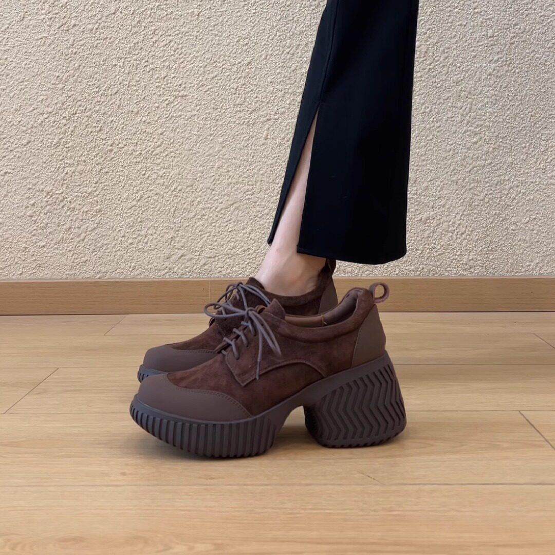 牛皮版~7.5cm复古小个子厚底圆头系带磨砂拼接通勤百搭深口单鞋,女鞋,深口单鞋,淘宝优惠券,粉丝福利购,淘宝优惠卷