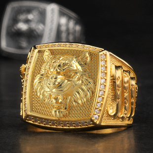 虎年金戒指男潮ins手工镶嵌浮雕 定制18K黄金老虎戒指霸道指环个性