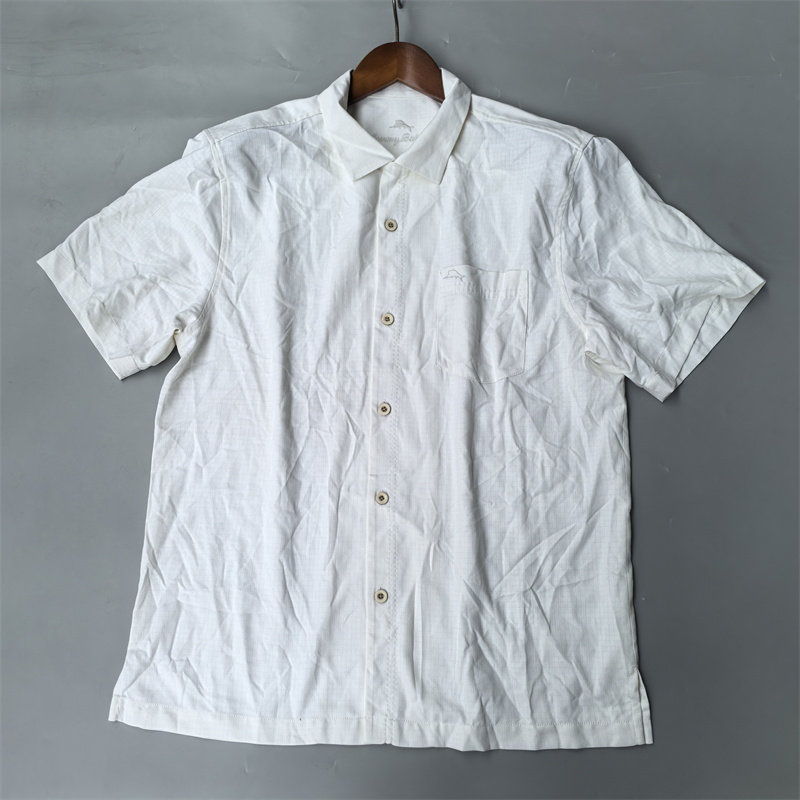 外贸大牌 乳白色重磅绢格衬衫纯色短袖100%真丝绢纺厚实宽松 新品