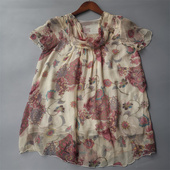 女装 2024夏季 圆领折褶文艺花色100%双层真丝衬衫 新品 套头T衫 上衣