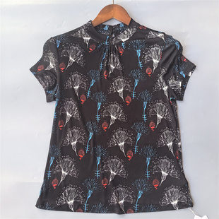 套头短袖 女装 新 20%混纺80%棉针织真丝立领柔软上衣夏季 高端花色