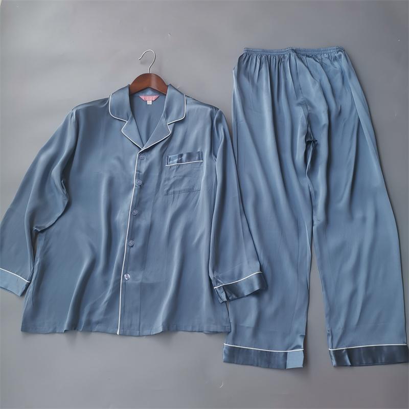 高端丝滑 套装撞色边 好手感100%真丝男素绉缎气质 睡衣2件套裤子