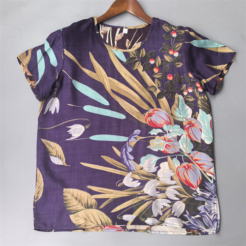新品 紫花100%真丝绢纺人纹套头衫柔软桑蚕丝圆领短袖上衣款女T恤