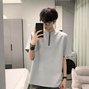大码 t恤男士 宽松百搭休闲正肩上衣 亨利领铆钉半拉链短袖 2026夏季