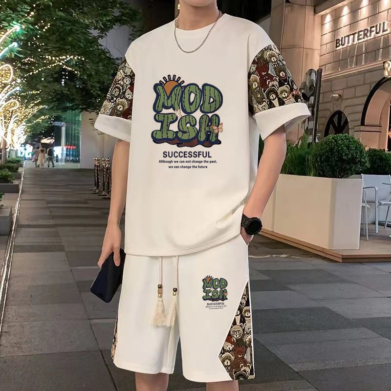 夏季大码新中式华夫格休闲套装短袖t恤青少年宽松搭配运动五分裤