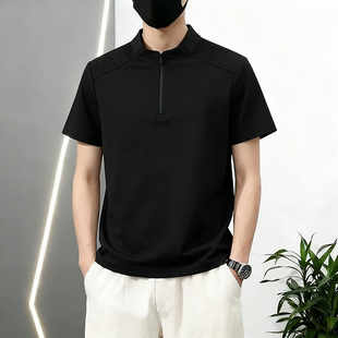 夏季速干冰丝网眼半拉链短袖T恤男士青少年大码宽松休闲正肩上衣