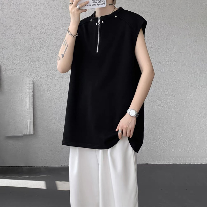 美式亨利领半拉链铆钉坎肩背心男士夏季大码无袖t恤休闲运动上衣