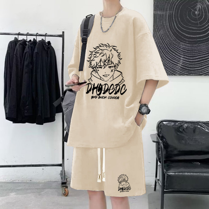 夏季华夫格冰丝休闲套装男短袖T恤青少年学生宽松跑步短裤两件套,男装,休闲运动套装,淘宝优惠券,粉丝福利购,淘宝优惠卷