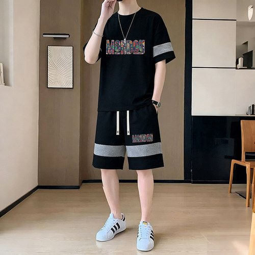 夏季大码华夫格拼色套装冰丝短袖T恤男士宽松休闲运动短裤两件套