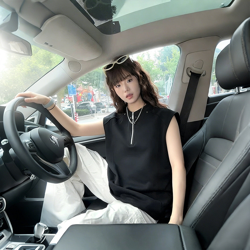 重磅亨利领半拉链铆钉坎肩背心t恤夏季大码宽松休闲运动无袖上衣