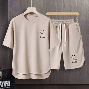 潮流华夫格套装冰丝印花短袖T恤夏季大码宽松休闲运动短裤两件套