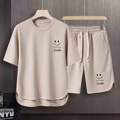 潮流华夫格套装冰丝印花短袖T恤夏季大码宽松休闲运动短裤两件套