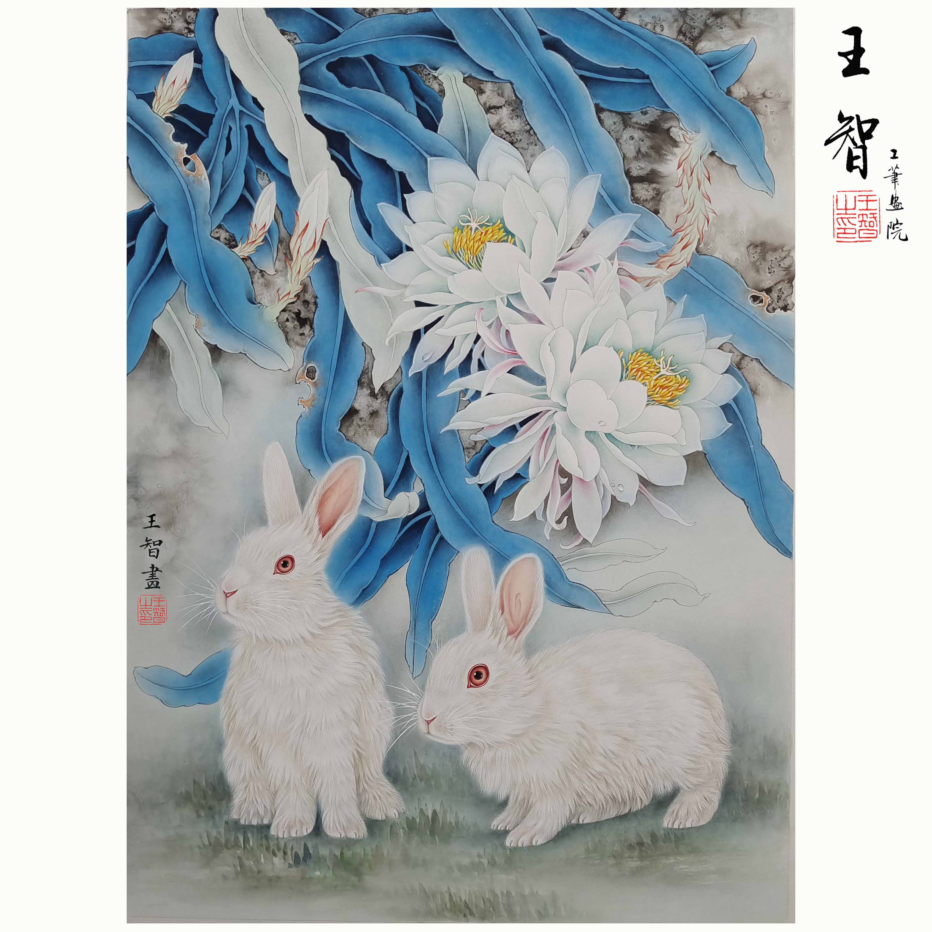 高清工笔画素材四尺斗方兔子昙花鸟工笔画白描底稿线稿可直接上色