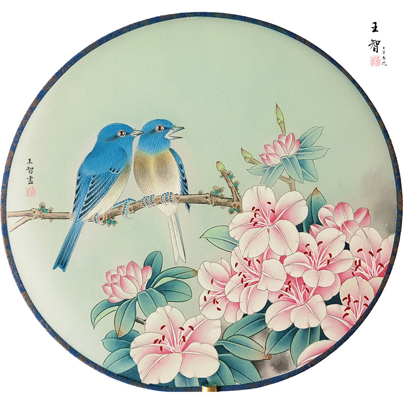 工笔白描底稿团扇杜鹃花小鸟牡丹花鸟工笔画底稿白描画稿国画临摹