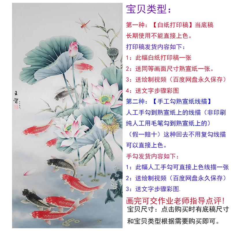 工笔画白描底稿线稿手勾可直接上色国画初学者素材四尺荷花九鲤鱼