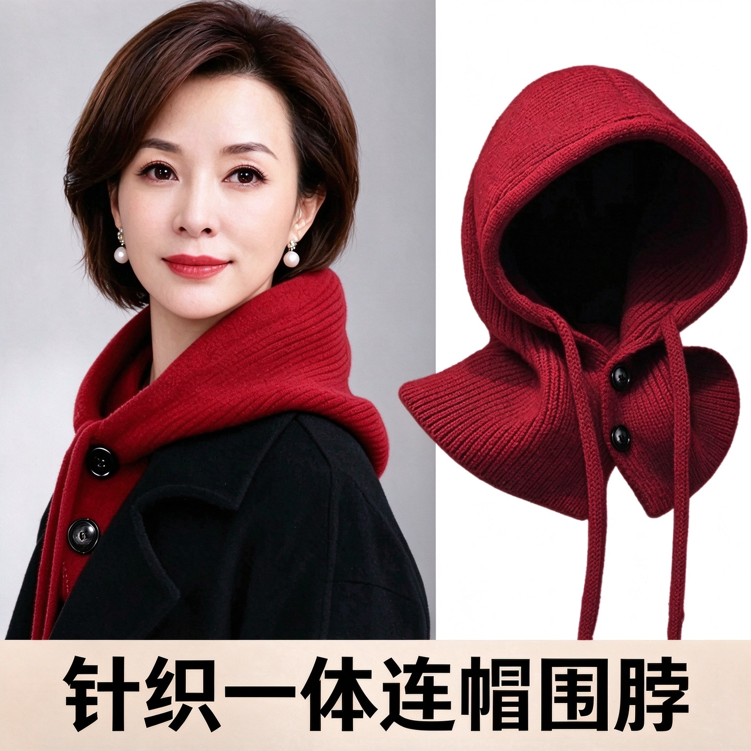 秋冬针织保暖帽围脖一体防风