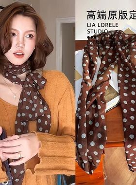 棕色波点丝巾印花高级百搭配饰系脖女2025年新款发带绑发长条围巾