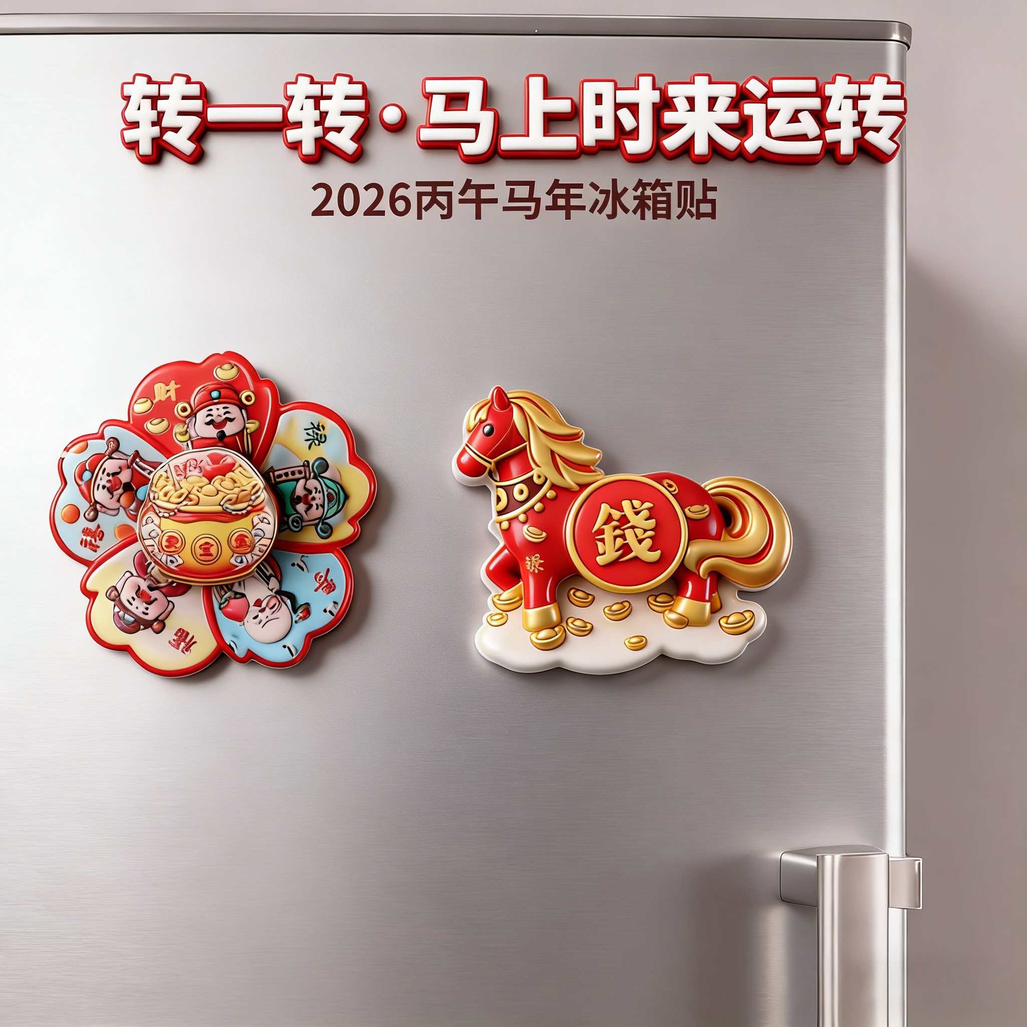 马上转钱磁吸旋转冰箱贴马年招财纳福新年治愈卡通可爱创意装饰贴