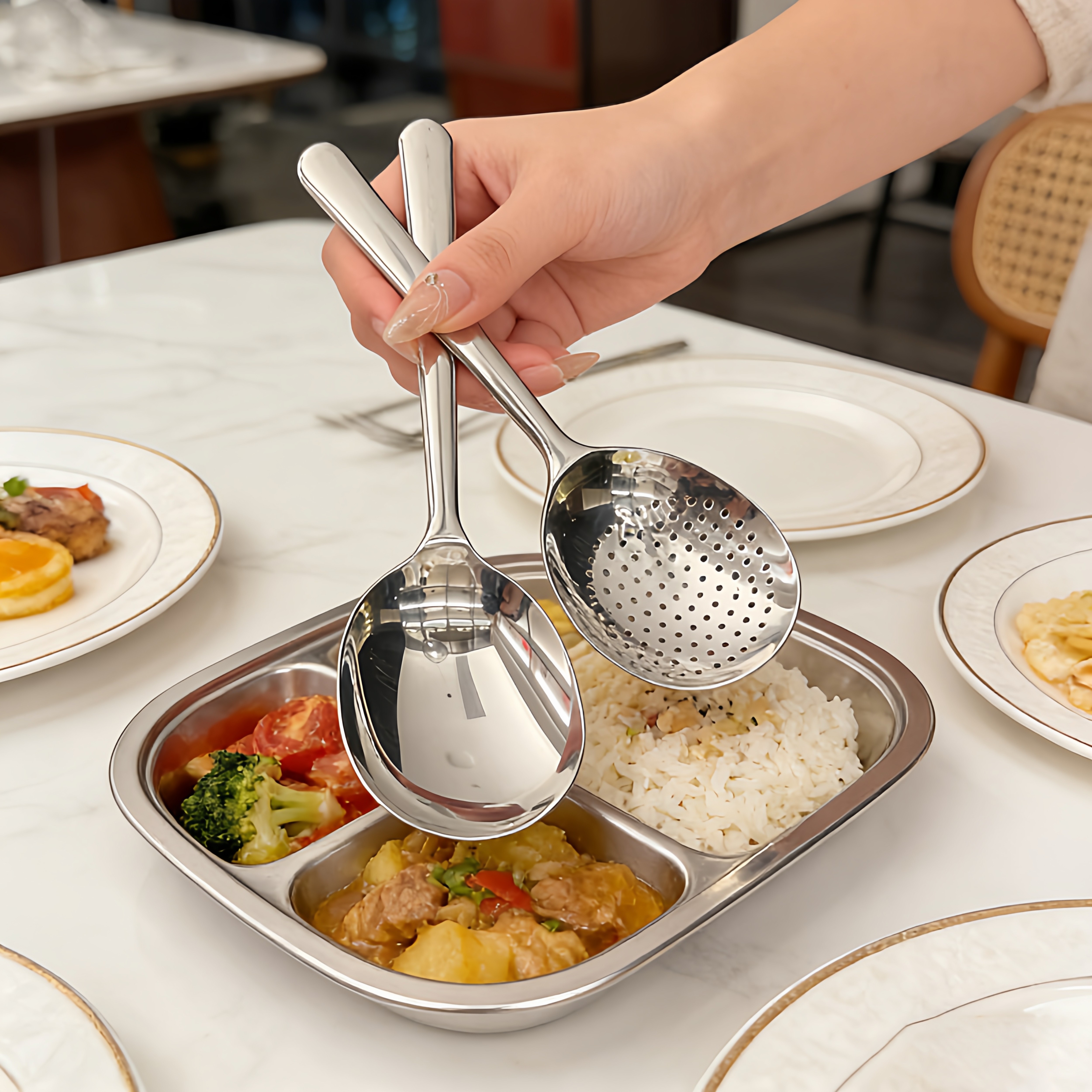 304不锈钢分餐勺子金色大号家用大饭勺汤勺漏勺酒店专用的公用勺