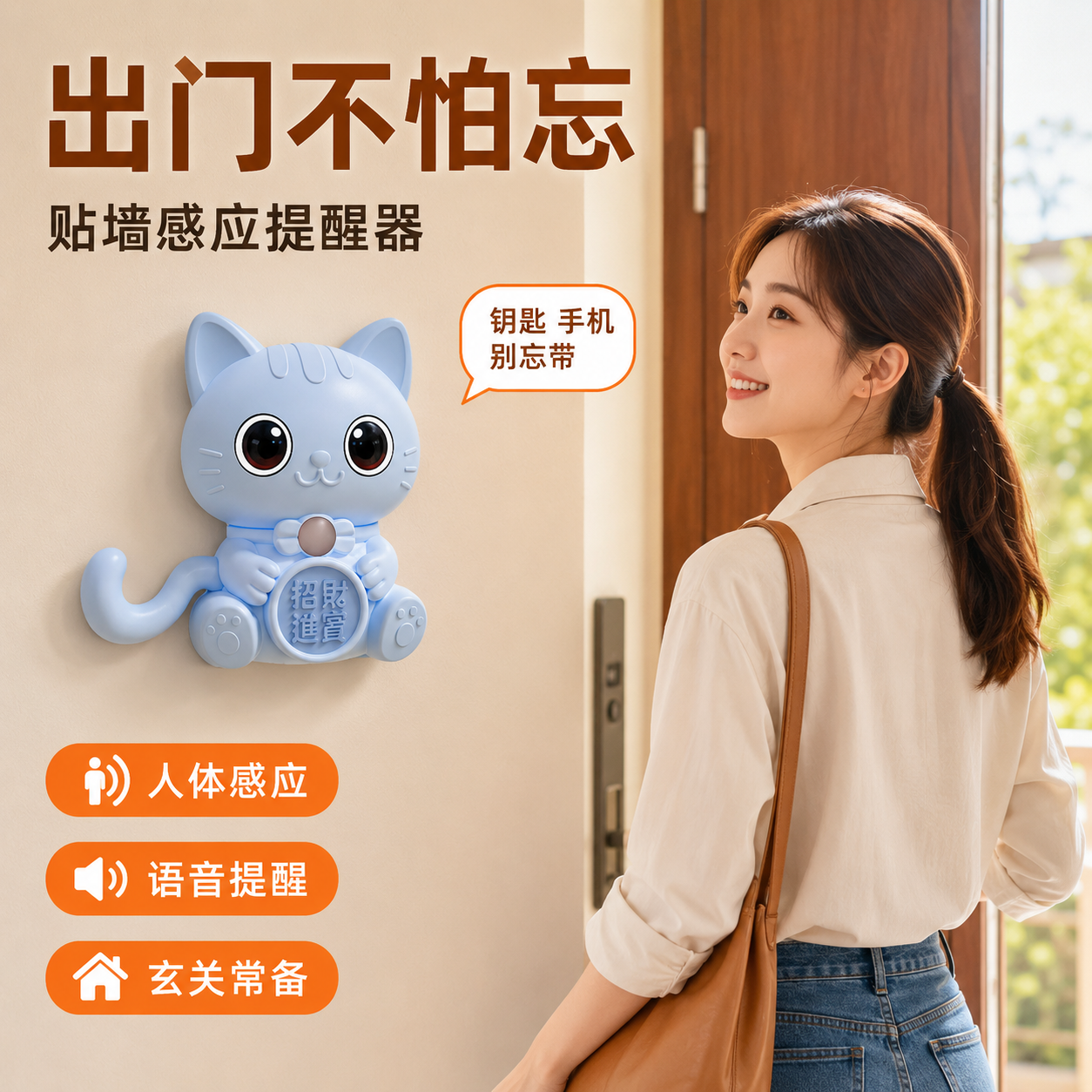 智能家用出门猫咪提醒器老人防忘带钥匙关煤气水电门窗语音提示