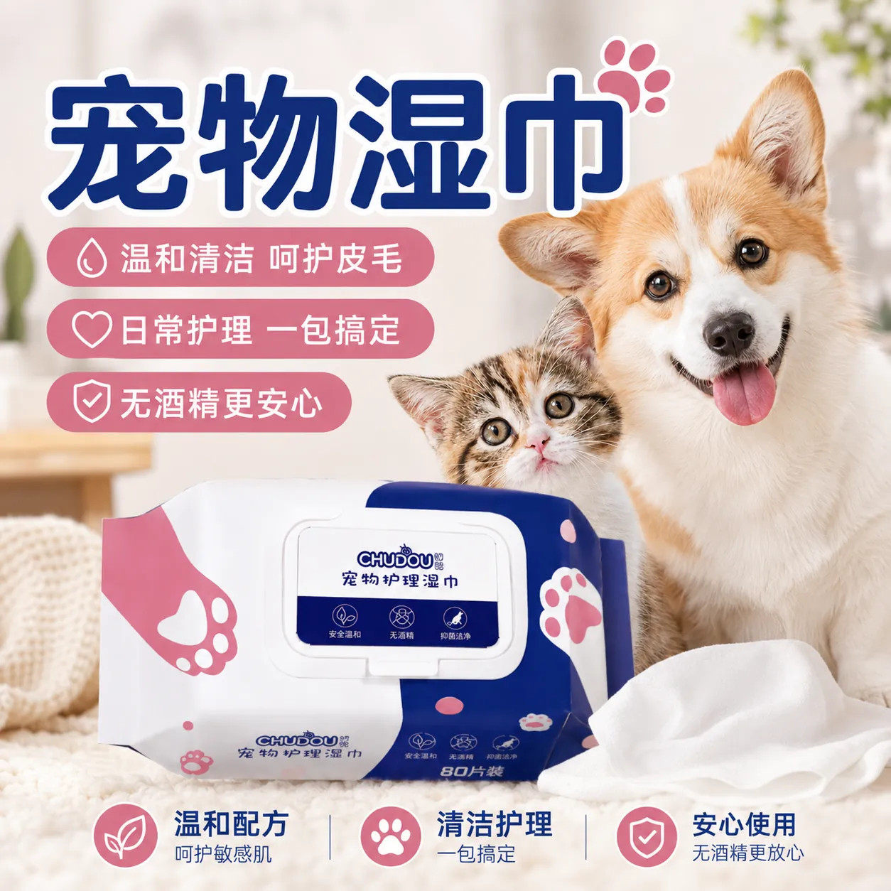 猫狗专用杀菌除臭免洗湿巾