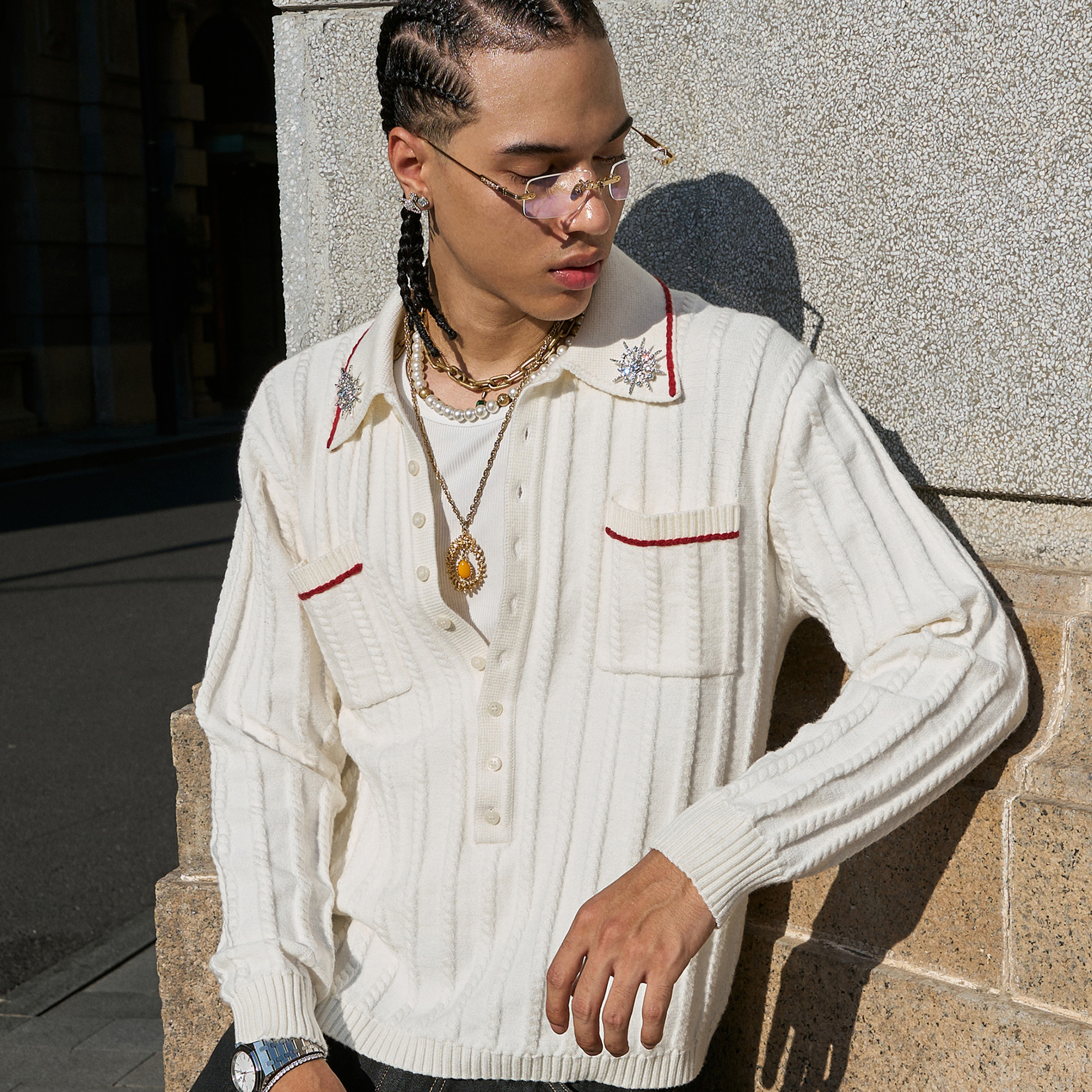 深领手缝线翻领长袖针织毛衣