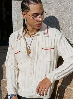 STEEPC 白色扭条绞花深领红边手缝线翻领针织长袖毛衣