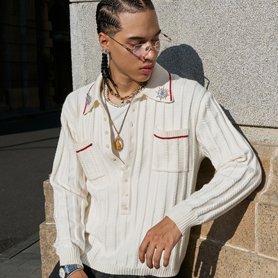 深领手缝线翻领长袖针织毛衣