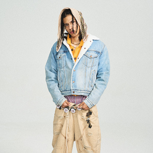 STEEPC Junior曺圭贤羊羔绒翻领水洗做旧牛仔夹克短宽外套 Super