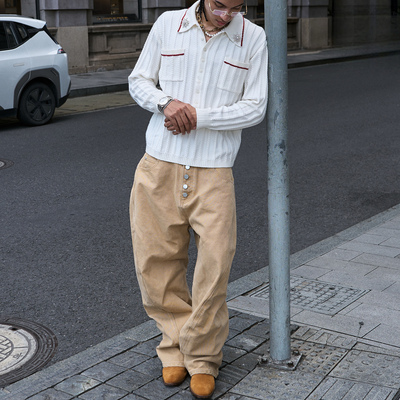 自然洗水做旧工装布弯刀长裤