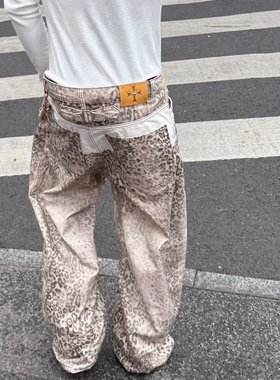 STEEPC 定制豹纹印花结构拼接水洗做旧宽松直筒baggy休闲裤长裤