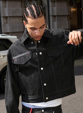 STEEPC 赤耳红线 原牛压胶刺绣短宽夹克牛仔外套